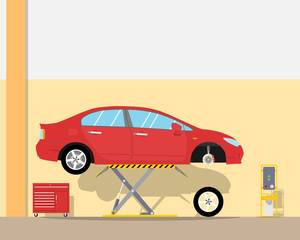 View of the interior of the inside of the garage for the replacement car tire. Car repair. Tire service, Vector illustration