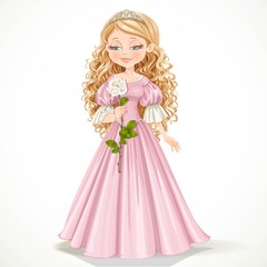 Fototapeta premium Beautiful modest princess in a pink dress and long hair admires