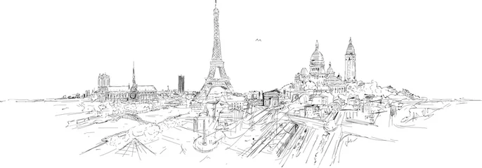 Deurstickers Panoramische schets van de stad PARIJS © trentemollermix