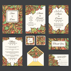 Full vector paisley wedding templates perfect for romantic design, weddings, announcements, greeting cards, posters and advertisement. RSVP and envelope templates are included.
