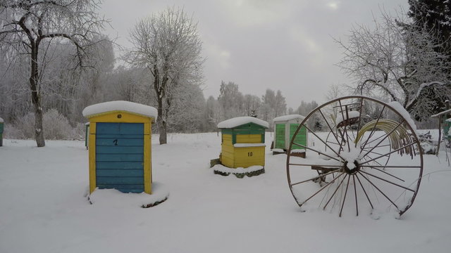 Three colorful beehives in the apple tree garden in winter and horse rake, time lapse 4K