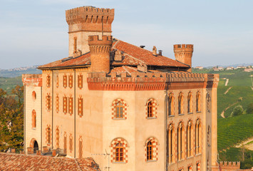 Barolo castle, Piedmont, Northern Italy, with golden sunset ligh