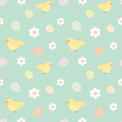 colorful easter seamless vector pattern background illustration with cute little yellow birds and eggs