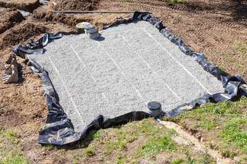 Aerial view of a new gravel filter bed for a septic tank for disposal of domestic wastewater and...