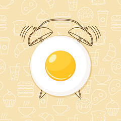 Fried egg and outline alarm clock on seamless background with linear food icons. Vector design for breakfast menu, cafe, restaurant.  Logo design template. Food background. 
