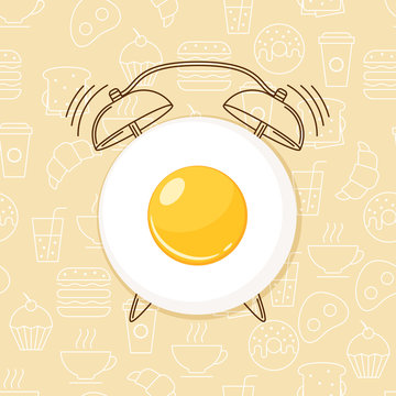 Fried egg and outline alarm clock on seamless background with linear food icons. Vector design for breakfast menu, cafe, restaurant.  Logo design template. Food background. 

