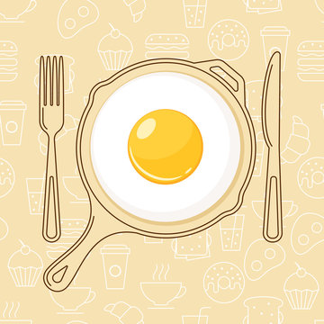 Fried egg and hand drawn pan, fork and knife on seamless background with outline food icons. Vector design for breakfast menu, cafe, restaurant.  Logo design template. Food background. 
