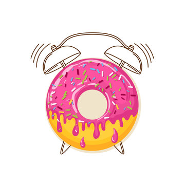 Vector illustration of donut with pink cream and outline alarm clock. Concept for breakfast menu, cafe, restaurant, desserts, bakery. Logo design template. Food background. 