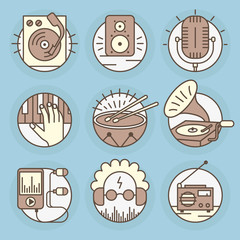 Set of music vector icons in modern linear style.