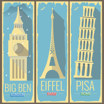 big ben tower london, eiffel tower paris and pisa tower rome ico