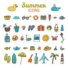 Beach icons collection. Hand drawn summer vector icon set.  Vaca