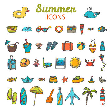 Beach Icons Collection. Hand Drawn Summer Vector Icon Set.  Vaca