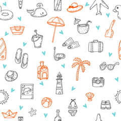 Cute hand drawn summer time theme seamless pattern. Beach theme