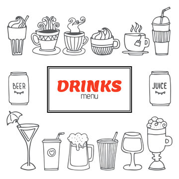 Drinks and beverages hand drawn vector set. Drinks menu collecti