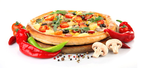 Delicious pizza with vegetables, isolated on white