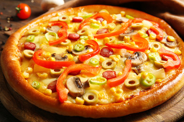 Delicious pizza with vegetables, close-up