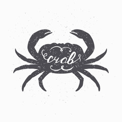 Hand drawn crab hipster silhouette. Handwritten text. Seafood shop template