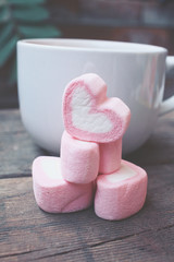 Hot chocolate with heart pink marshmallow for valentine's day