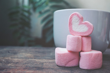 Hot chocolate with heart pink marshmallow for valentine's day