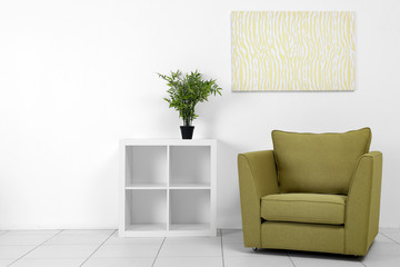 Living room interior with green armchair, white shelf and plant on white wall background