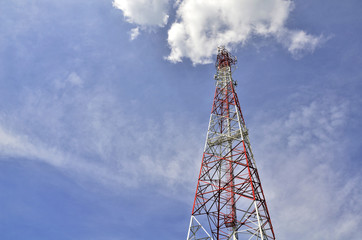 Telecommunication mast TV antennas wireless technology with blue sky in the morning