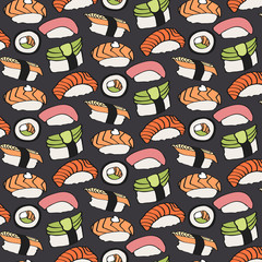 Sushi sketch. Seamless pattern with hand-drawn cartoon japanese food icon - sushi with fish and avocado. Vector illustration - swatch inside