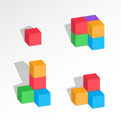 Set of cube combinations. Four, five, six blocks compositions. Association, union, join, building, logo, project, game symbol. Colorful icons with shadow. Vector