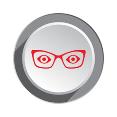 Eye glasses icon. Optical glass appliance for vision, medical symbol. Red sign on three-dimensional white-gray button with shadow. Vector