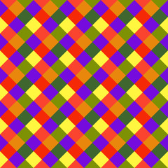 Seamless geometric pattern. Diagonal, square, woven line background. Patchwork, rhombus, checked texture. Variegated, children, festival, clown, holiday colors. Vector