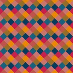 Seamless geometric pattern. Diagonal square, braiding, woven line background. Patchwork texture in warm, variegated, pastel, kitsch, clown, holiday colors. Rhomb figure texture. Vector