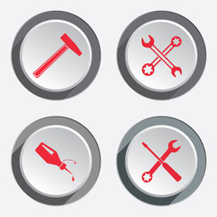 Screwdriver, hammer, wrench key icon, bolt nut, glue, oil-can. Repair fix tool symbol. Red sign white-gray button with shadow. Vector