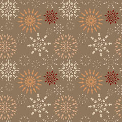 Christmas seamless pattern. Light and dark snowflake signs on brown, beige background. Winter theme retro texture. Chocolate snow. Vector illustration.