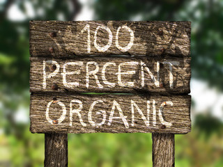 One Hundred (100) Percent Organic Old Wood Sign On Nature Background