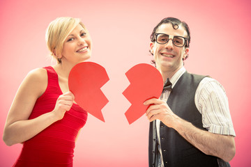 Nerd man boyfriend and girlfriend love portrait with heart for valentine day
