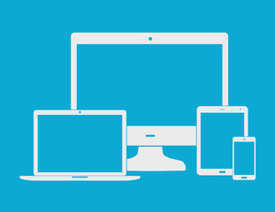 Flat white electronic devices on blue background