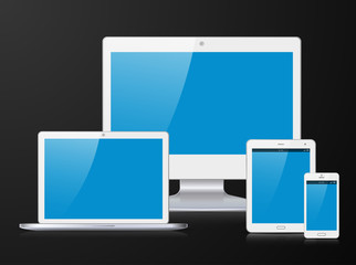 White monitor, laptop, mobile phone and tablet PC with blue screen