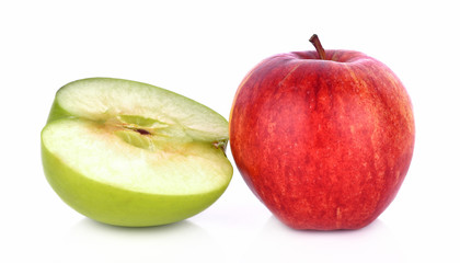 Green and red apple on white background
