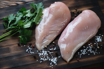 Close-up of uncooked fresh chicken breast filet, studio shot