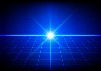 Abstract bright flare with grid perspective on blue background.