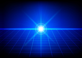 Abstract bright flare with grid perspective on blue background.