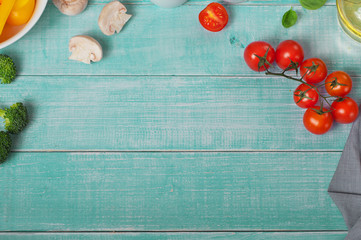 Naklejka na ściany i meble Cherry tomatoes, basil, mushrooms, pepper and oil