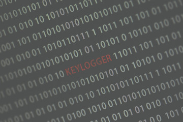 'Keylogger' word in the middle of the computer screen surrounded by numbers zero and one. Image is taken in a small angle. Image has a vintage effect applied
