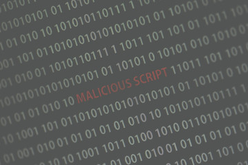 'Malicious script' text in the middle of the computer screen surrounded by numbers zero and one. Image is taken in a small angle. Image has a vintage effect applied