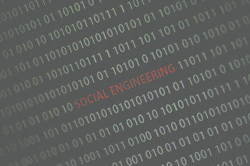 'Social engineering' text in the middle of the computer screen surrounded by numbers zero and one. Image is taken in a small angle. Image has a vintage effect applied