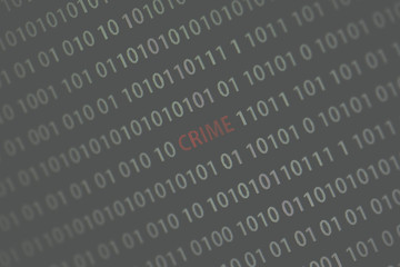 'Crime' word in the middle of the computer screen surrounded by numbers zero and one. Image is taken in a small angle. Image has a vintage effect applied