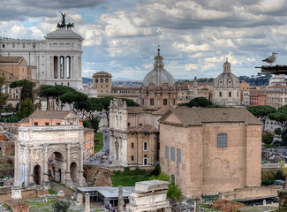 Roman Forum. Monument of Vittorio Emanuele II, Arch of Septimius Severus and Church of Saints Luke and Martina. Italy