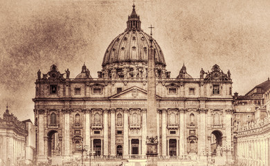 The Papal Basilica of Saint Peter in the Vatican (Basilica Papale di San Pietro in Vaticano). Retro toned.