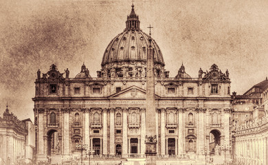 Obraz premium The Papal Basilica of Saint Peter in the Vatican (Basilica Papale di San Pietro in Vaticano). Retro toned.