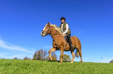 junge Frau reitet auf ihrem Pferd auf einer Wiese