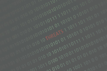 'Threats' word in the middle of the computer screen surrounded by numbers zero and one. Image is taken in a small angle. Image has a vintage effect applied.